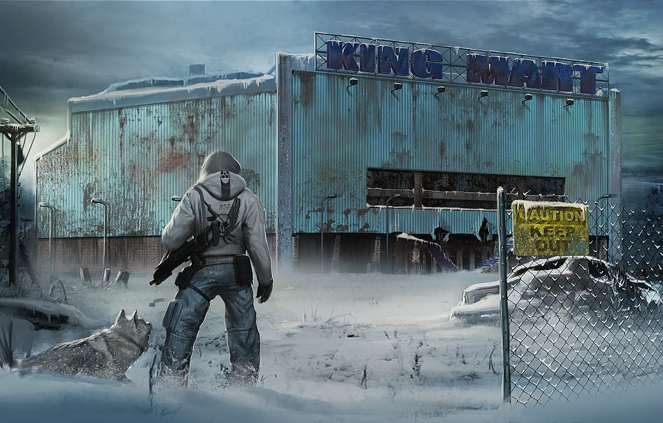 Photo wallpaper winter, snow, building, man, dog, art, The Last of Us 2