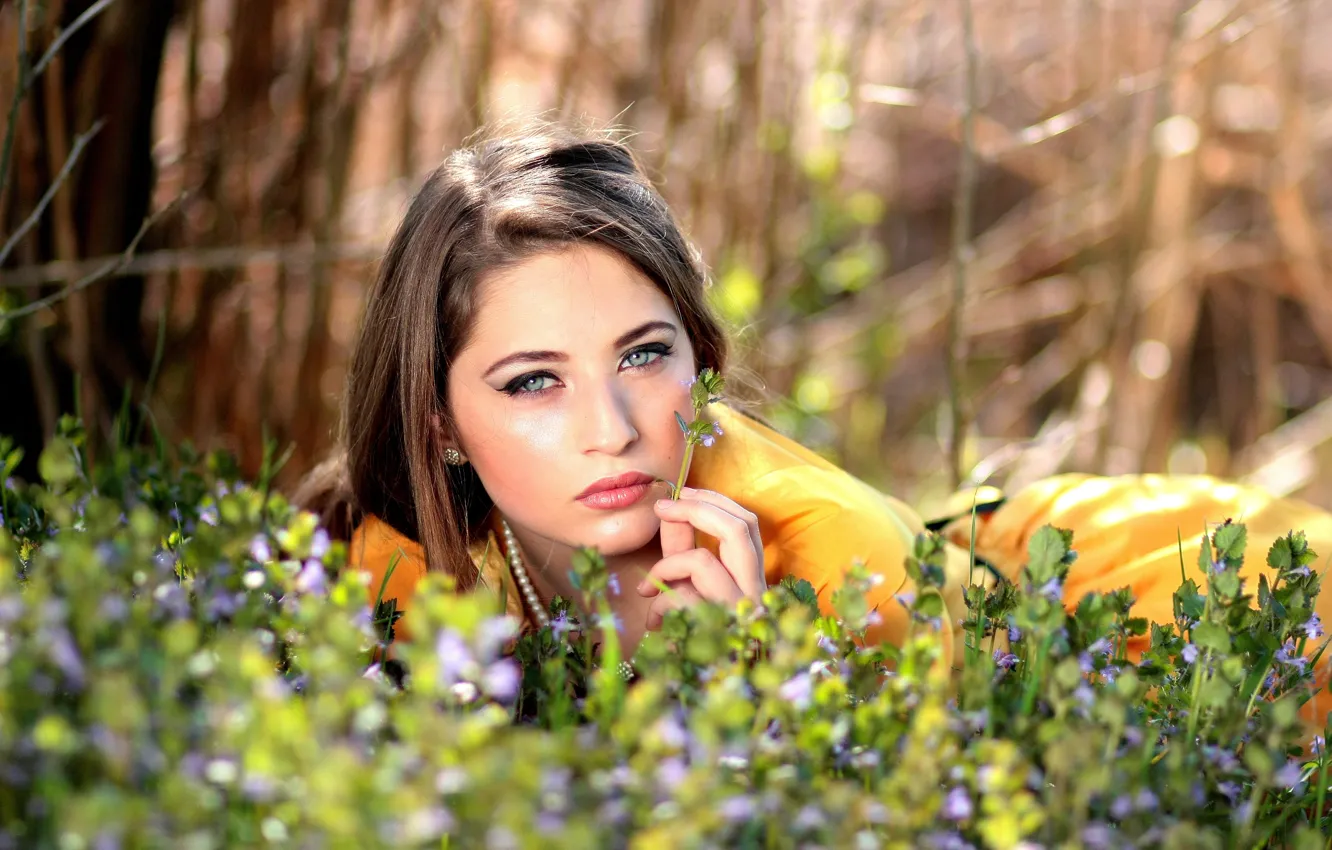 Photo wallpaper grass, girl, flowers, nature, makeup, brunette
