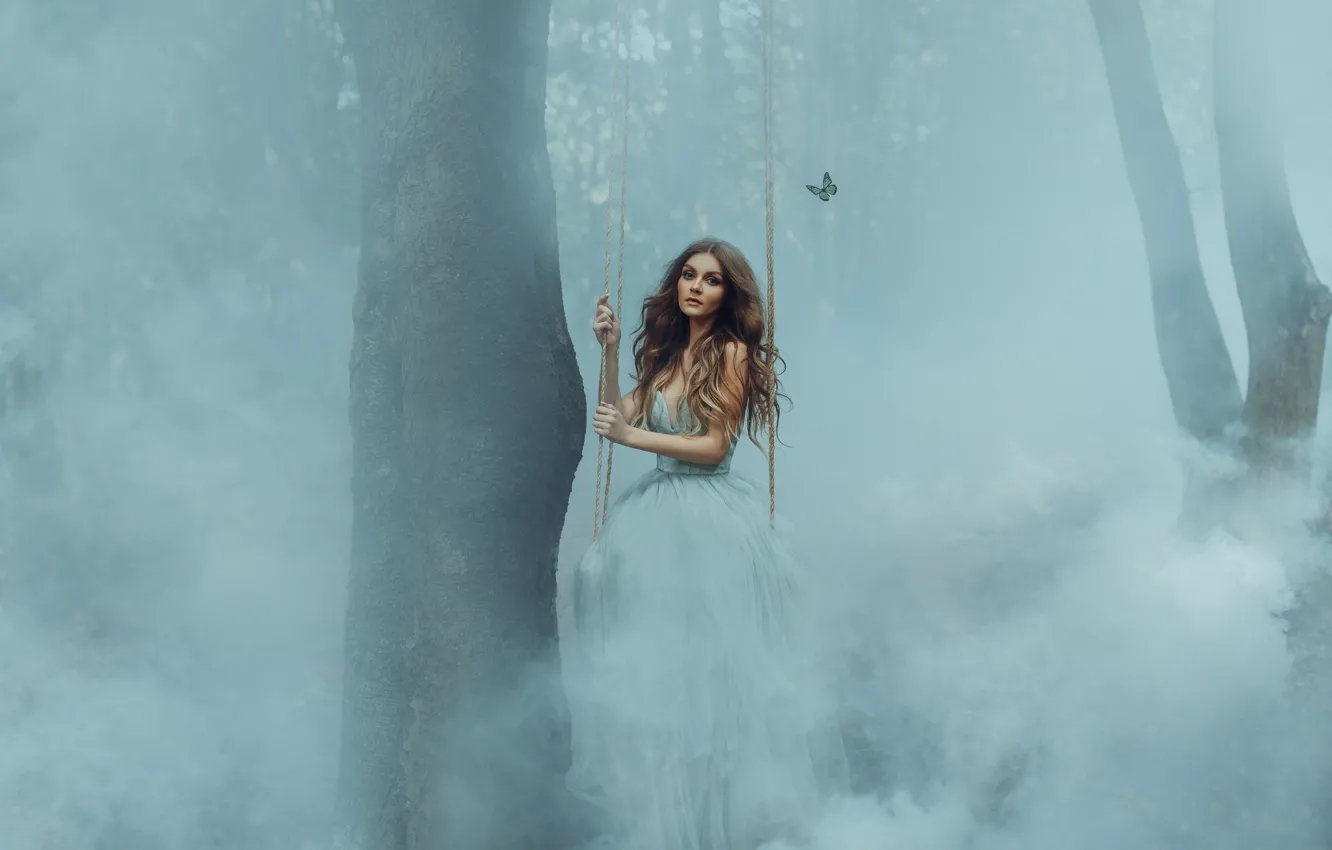 Photo wallpaper forest, girl, trees, fog, swing, butterfly, Holly Tandy