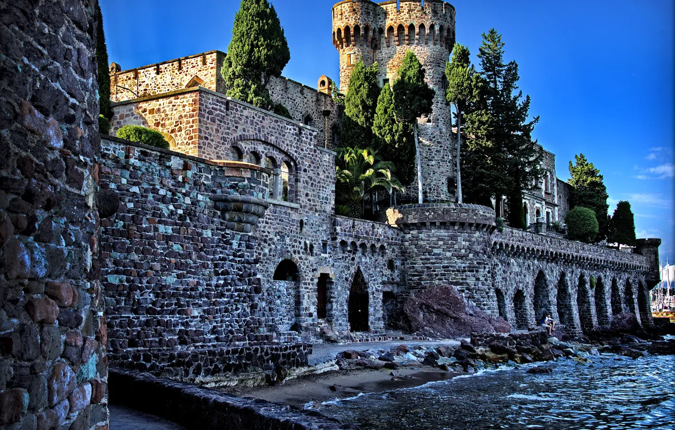 Photo wallpaper water, trees, stones, wall, France, tower, fortress, Chateau de la Napoule