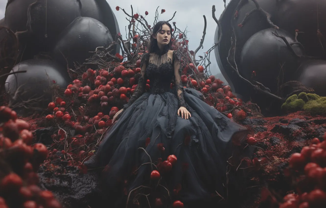 Photo wallpaper girl, branches, red, nature, pose, hills, balls, black