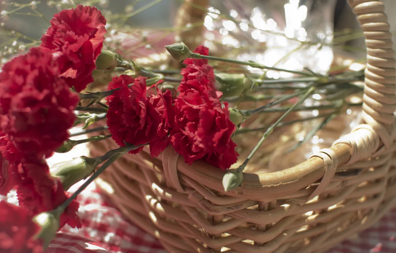 Photo wallpaper flowers, petals, red, clove, basket. basket