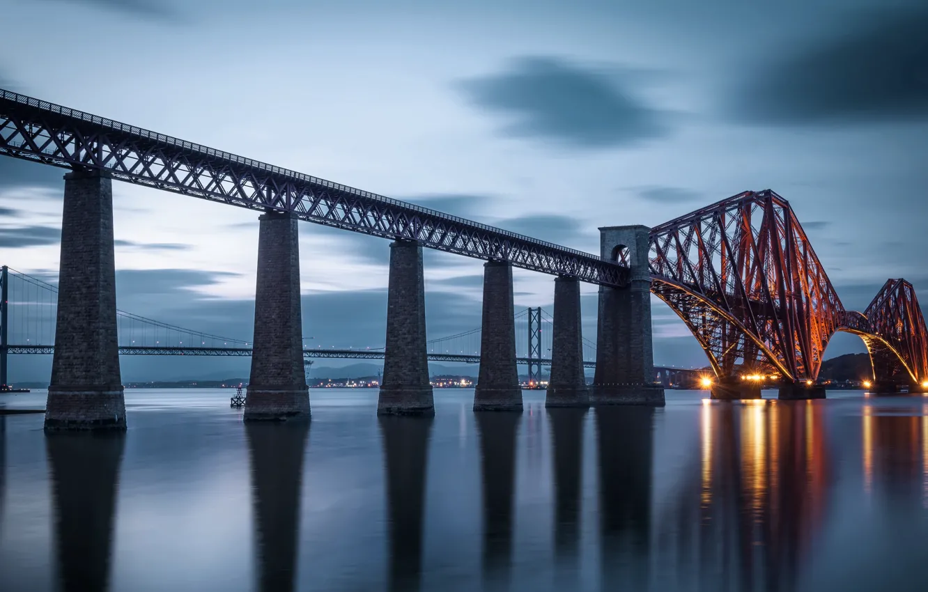 Photo wallpaper water, night, bridge, lights, reflection, the evening