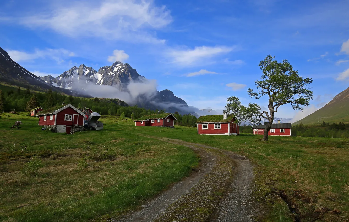 Photo wallpaper road, mountains, Norway, house