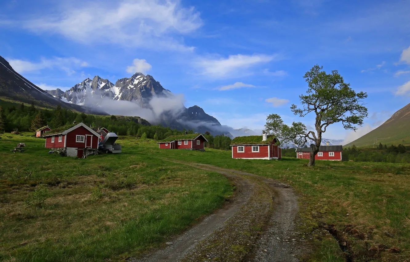 Photo wallpaper road, mountains, Norway, houses