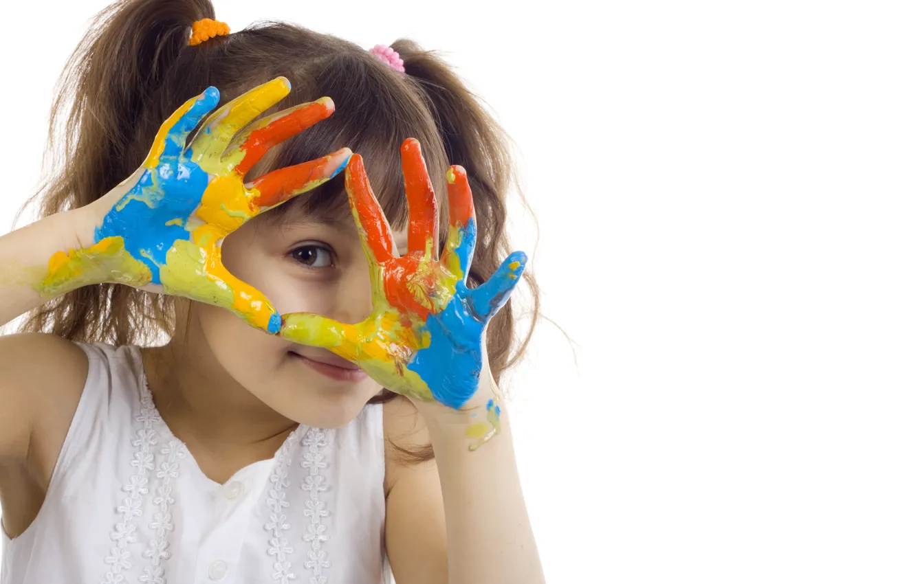 Photo wallpaper children, paint, hands, girl