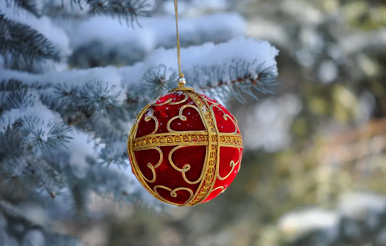 Photo wallpaper snow, tree, ball, New Year, Christmas, decoration