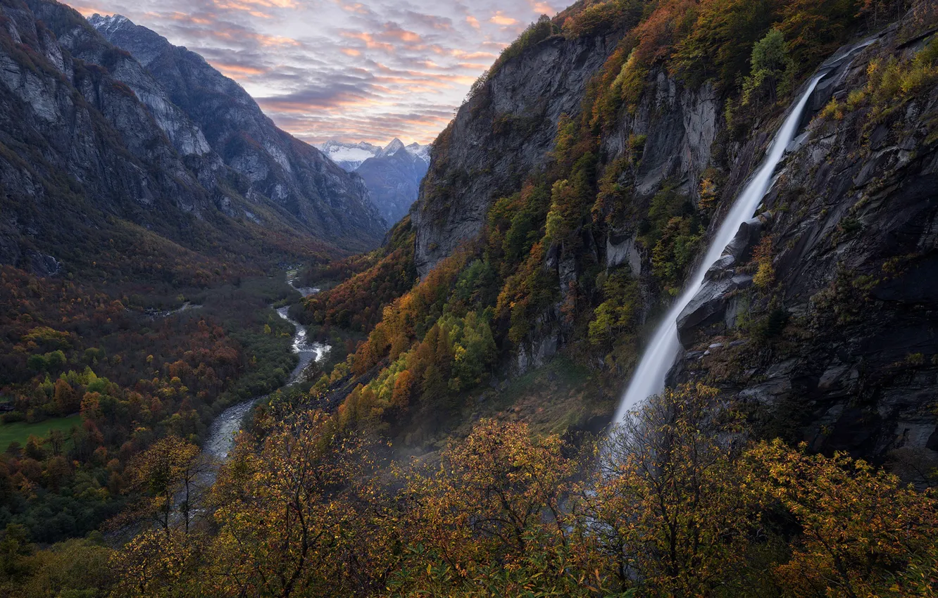 Photo wallpaper autumn, mountains, river, waterfall, Switzerland, gorge