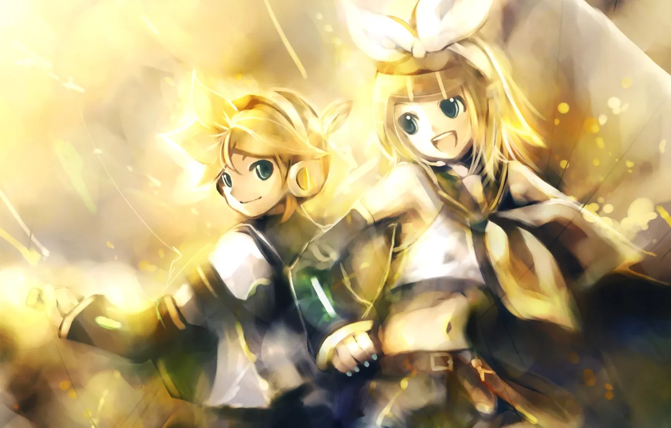 Photo wallpaper girl, headphones, guy, vocaloid, bow, kagamine rin, Vocaloid, kagamine len