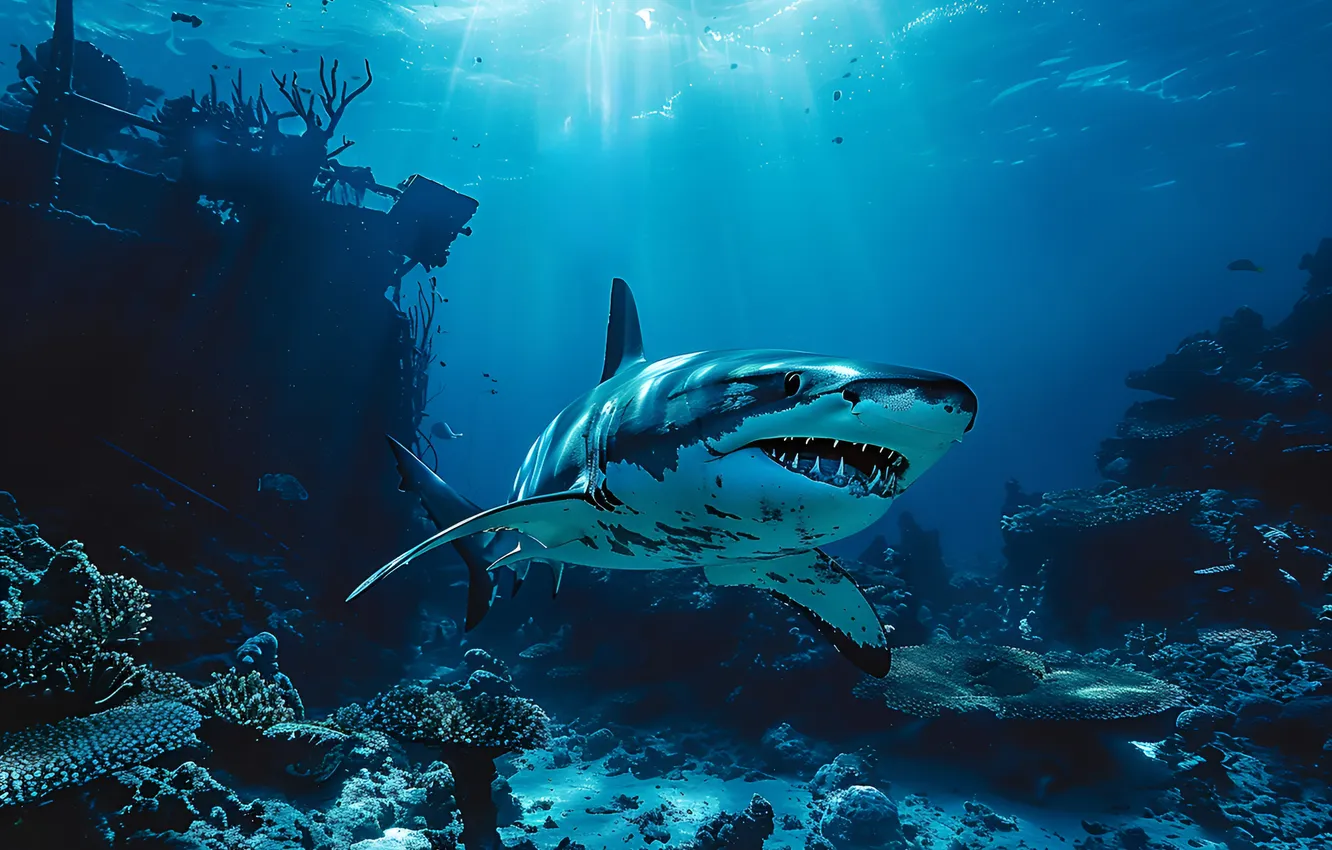 Photo wallpaper predator, shark, teeth, underwater world, digital art, AI art, The Art of Artificial Intelligence, neural …