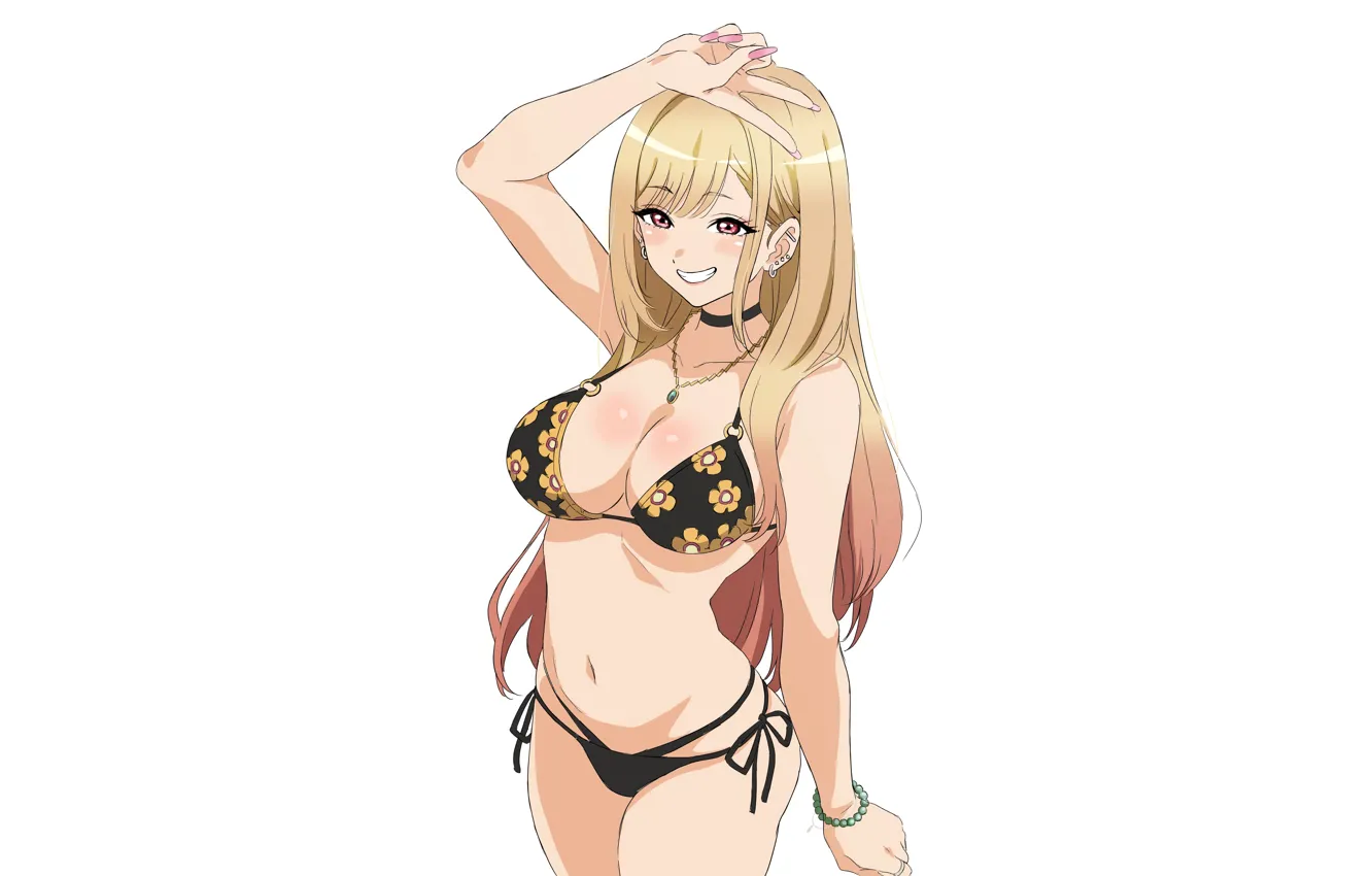 Photo wallpaper girl, sexy, cleavage, long hair, boobs, anime, beautiful, red eyes