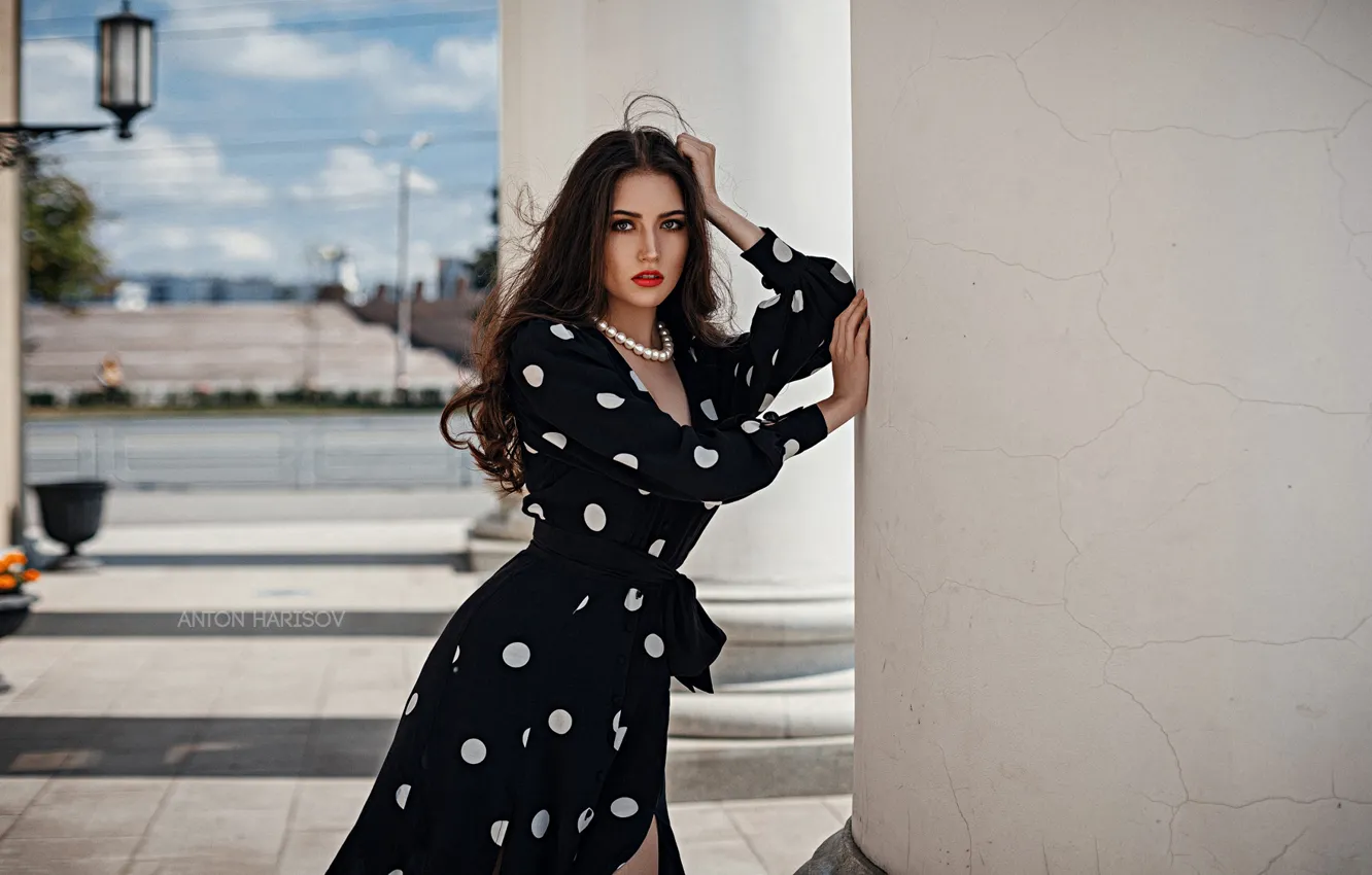 Photo wallpaper girl, pose, dress, columns, polka dot, Anton Kharisov, Maria Bashmakov
