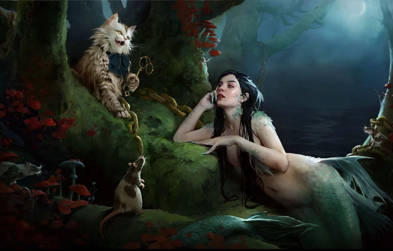 Photo wallpaper forest, cat, girl, mushrooms, mermaid, art, chain, rat