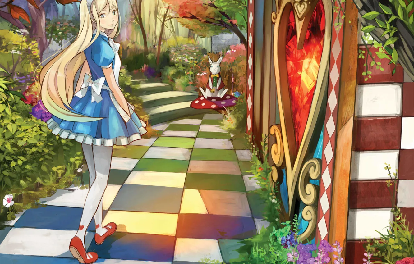 Photo wallpaper girl, art, track, Alice in Wonderland, alice, checkerboard, white rabbit, shigureteki