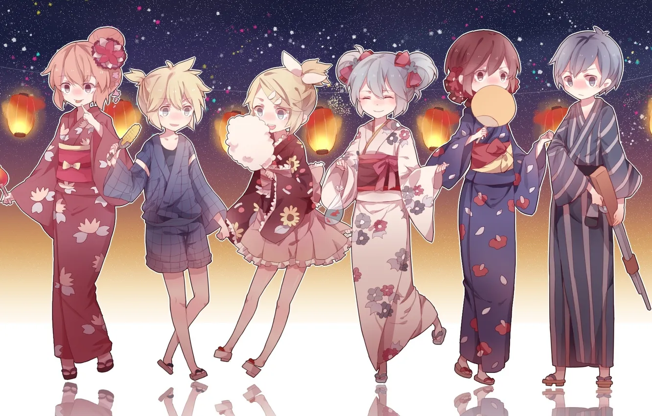 Photo wallpaper girl, stars, apples, corn, art, lights, guy, kimono