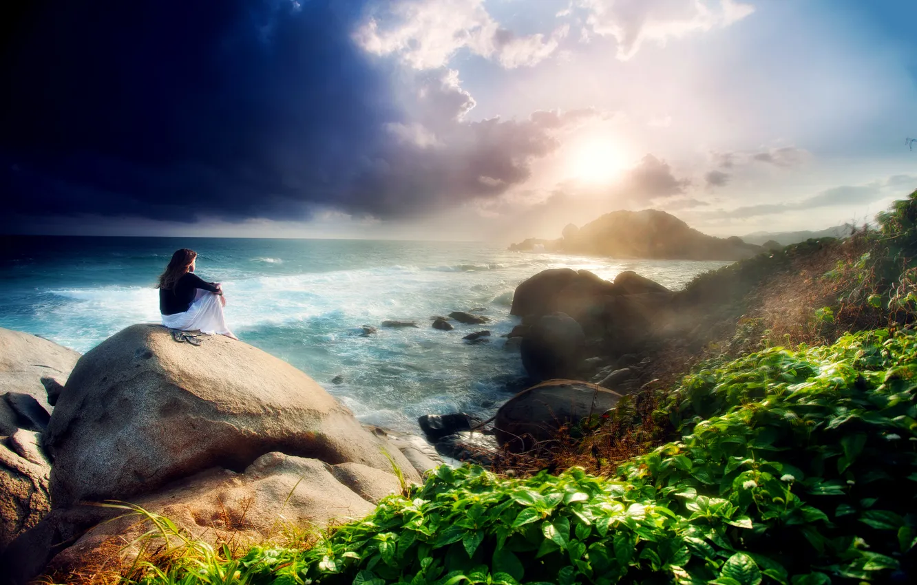 Photo wallpaper the sky, girl, the ocean, rocks