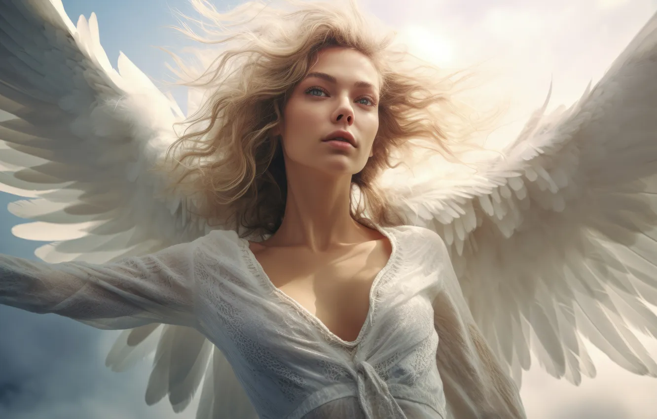 Photo wallpaper girl, hair, wings, angel, blonde, digital art, AI art, The Art of Artificial Intelligence