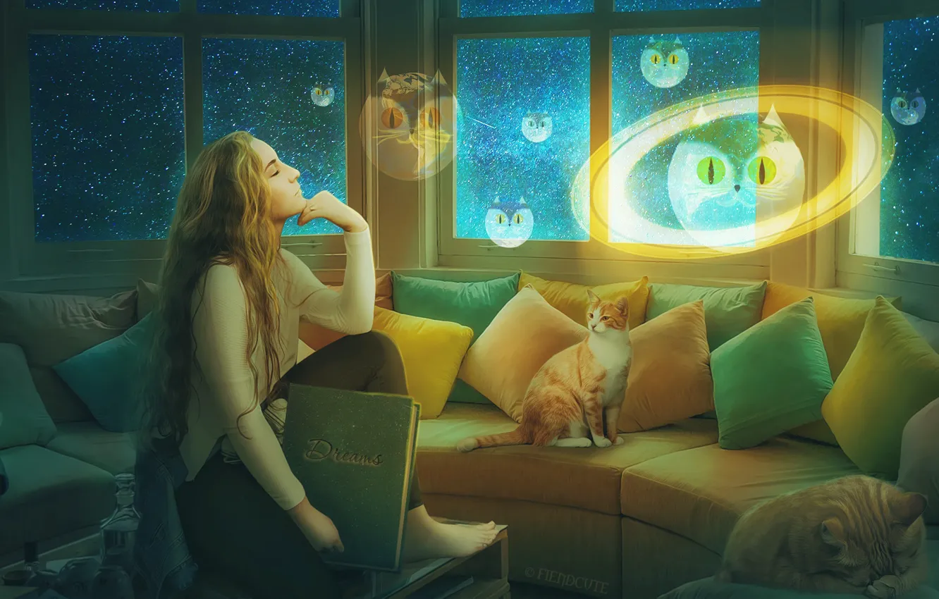Photo wallpaper cat, girl, pose, room, book