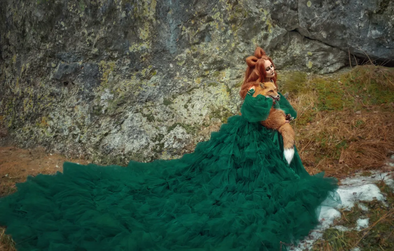 Photo wallpaper girl, pose, green, style, stones, rocks, makeup, dress