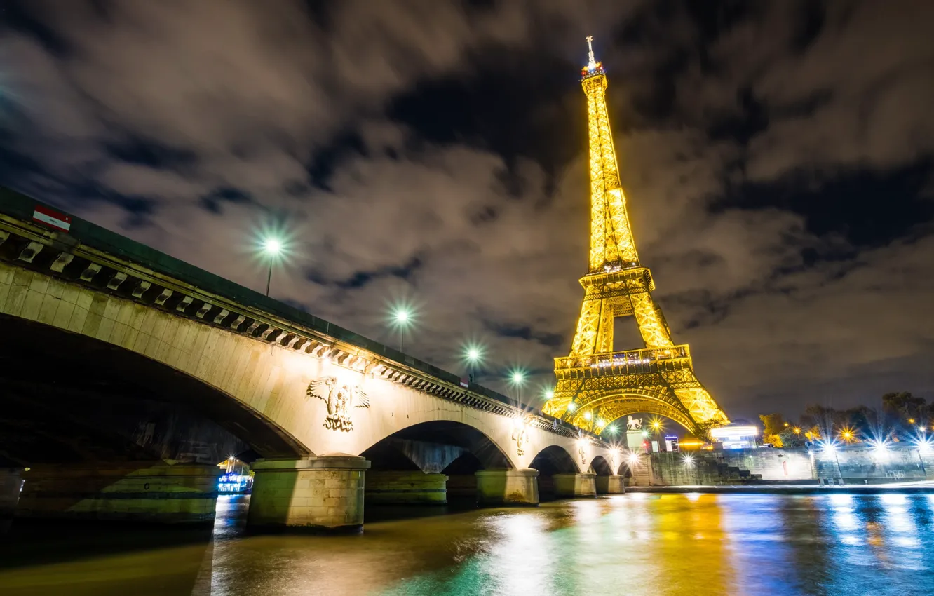 Photo wallpaper night, the city, river, France, Paris, lighting, lights, Hay