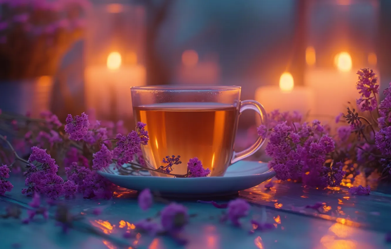 Photo wallpaper flowers, tea, candles, mug, Cup, AI art, neural network