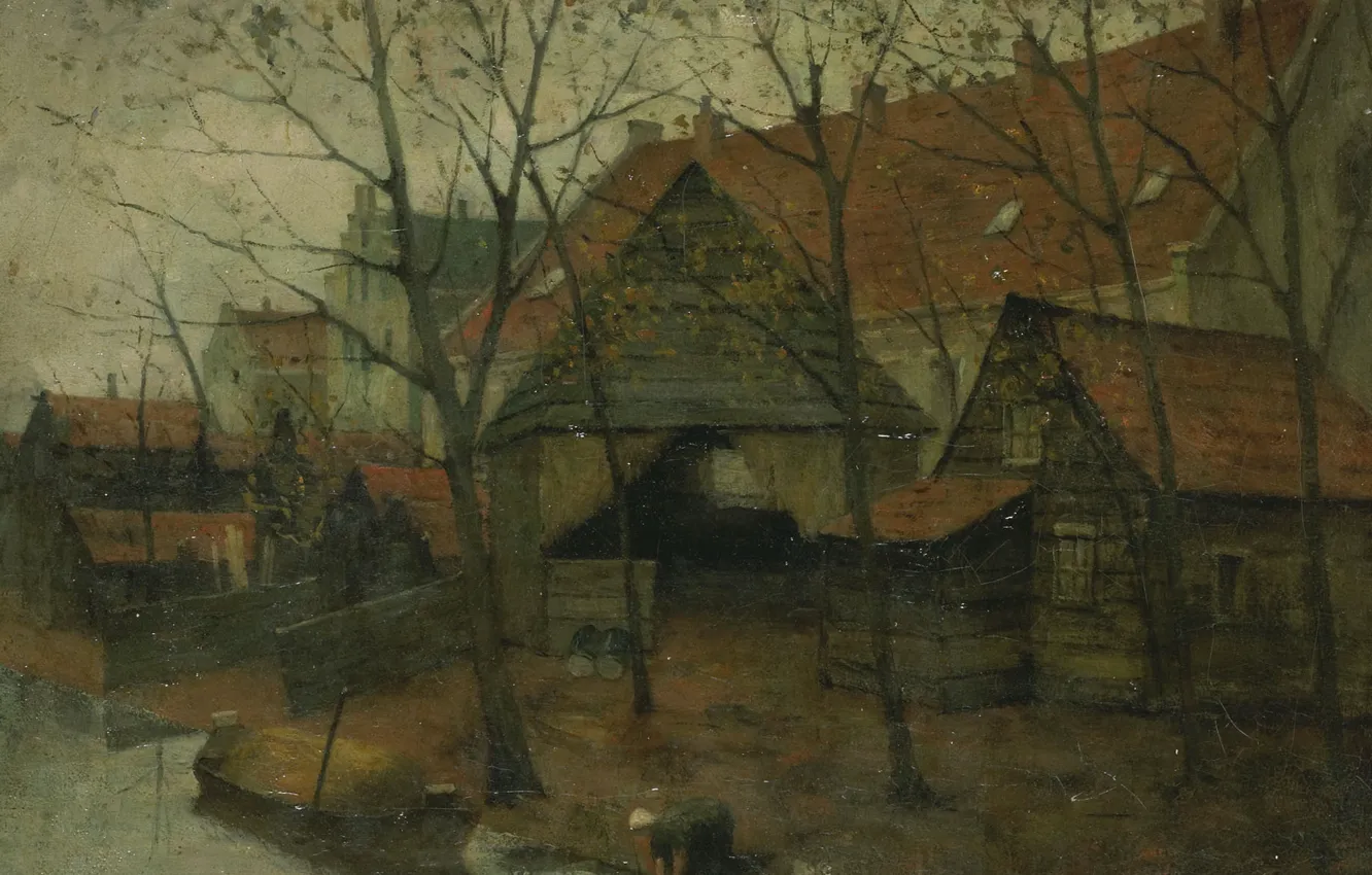 Photo wallpaper landscape, oil, picture, canvas, 1900, Johann Eduard Carsen, Eduard Karsen, Village Vinkenbuurt