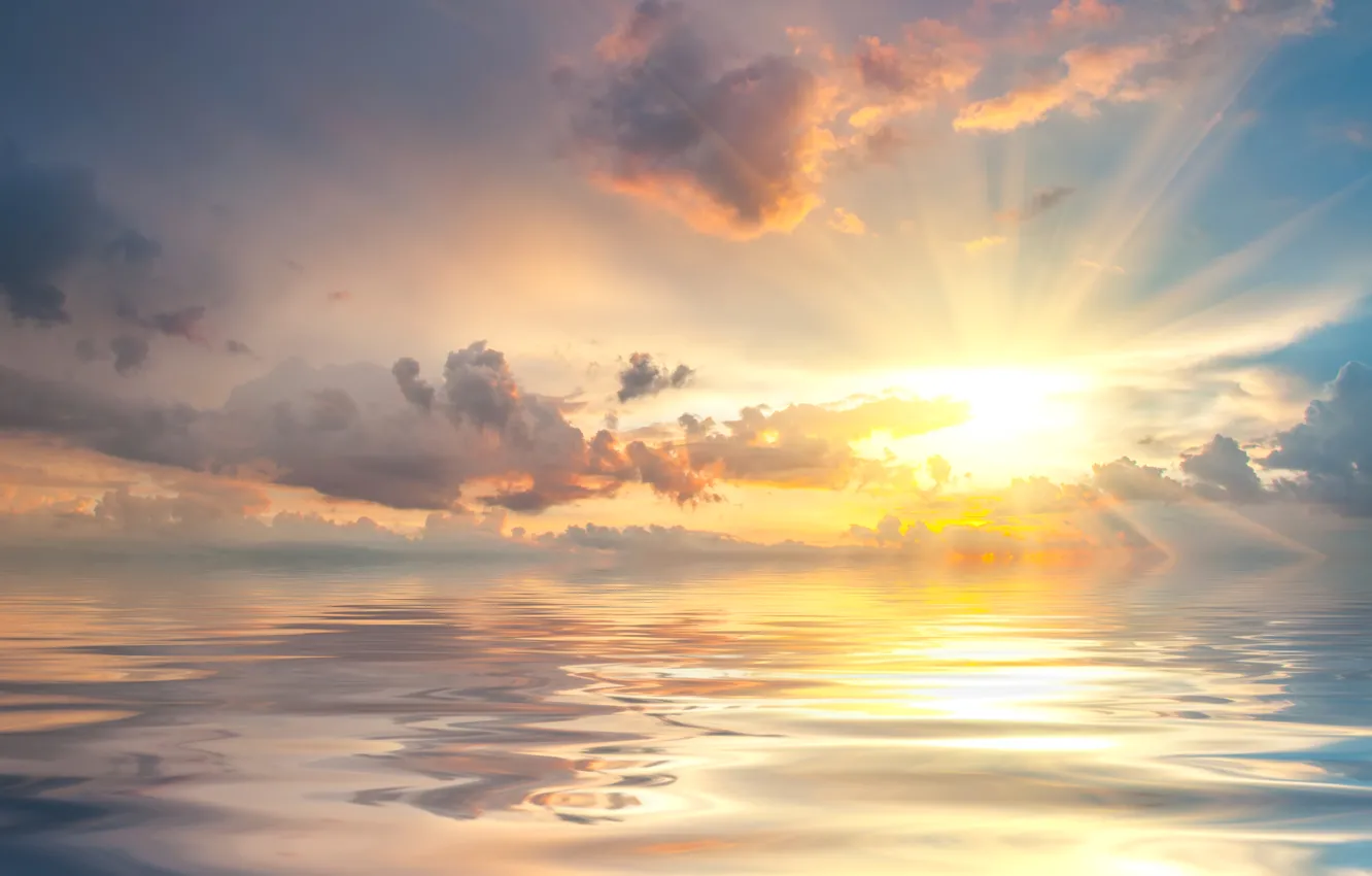 Photo wallpaper sea, the sky, the sun, clouds, rays, dawn, horizon
