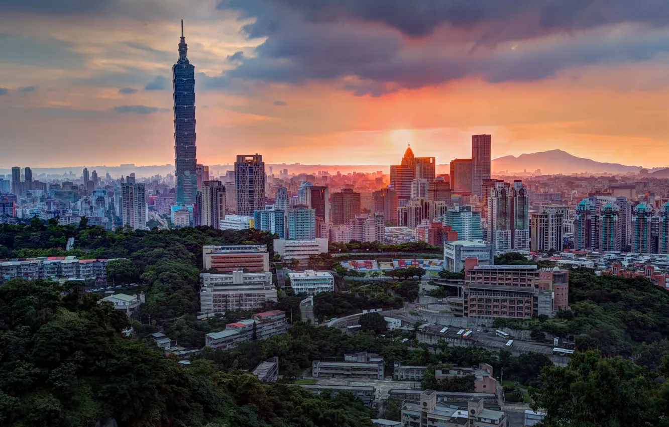Photo wallpaper the sky, clouds, light, trees, sunset, mountains, the city, hills