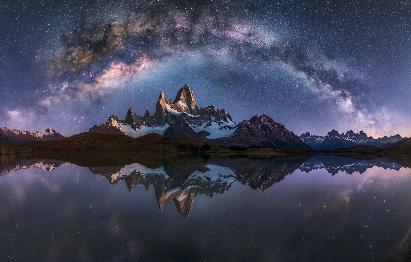 Photo wallpaper night, reflection, the milky way, pond, Andes, Patagonia