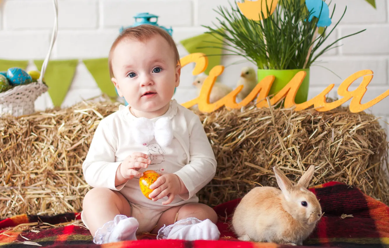 Photo wallpaper child, rabbit, Easter, girl