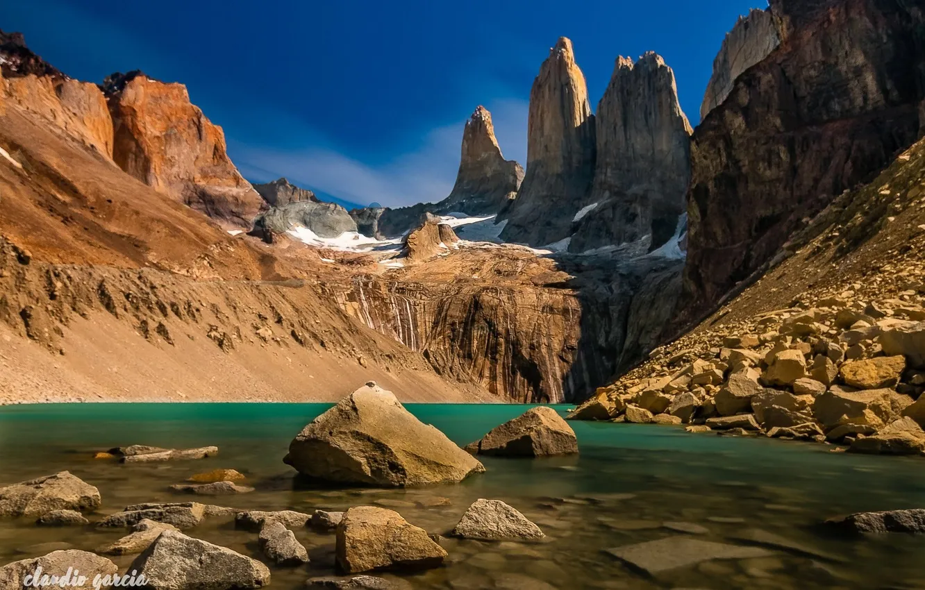 Photo wallpaper landscape, mountains, river, stones, rocks, canyon