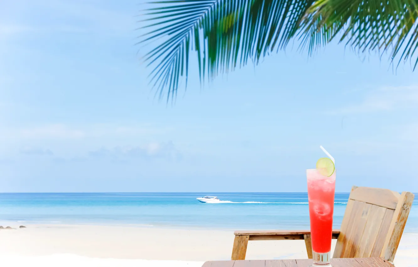 Photo wallpaper sand, sea, beach, summer, the sky, the sun, palm trees, shore