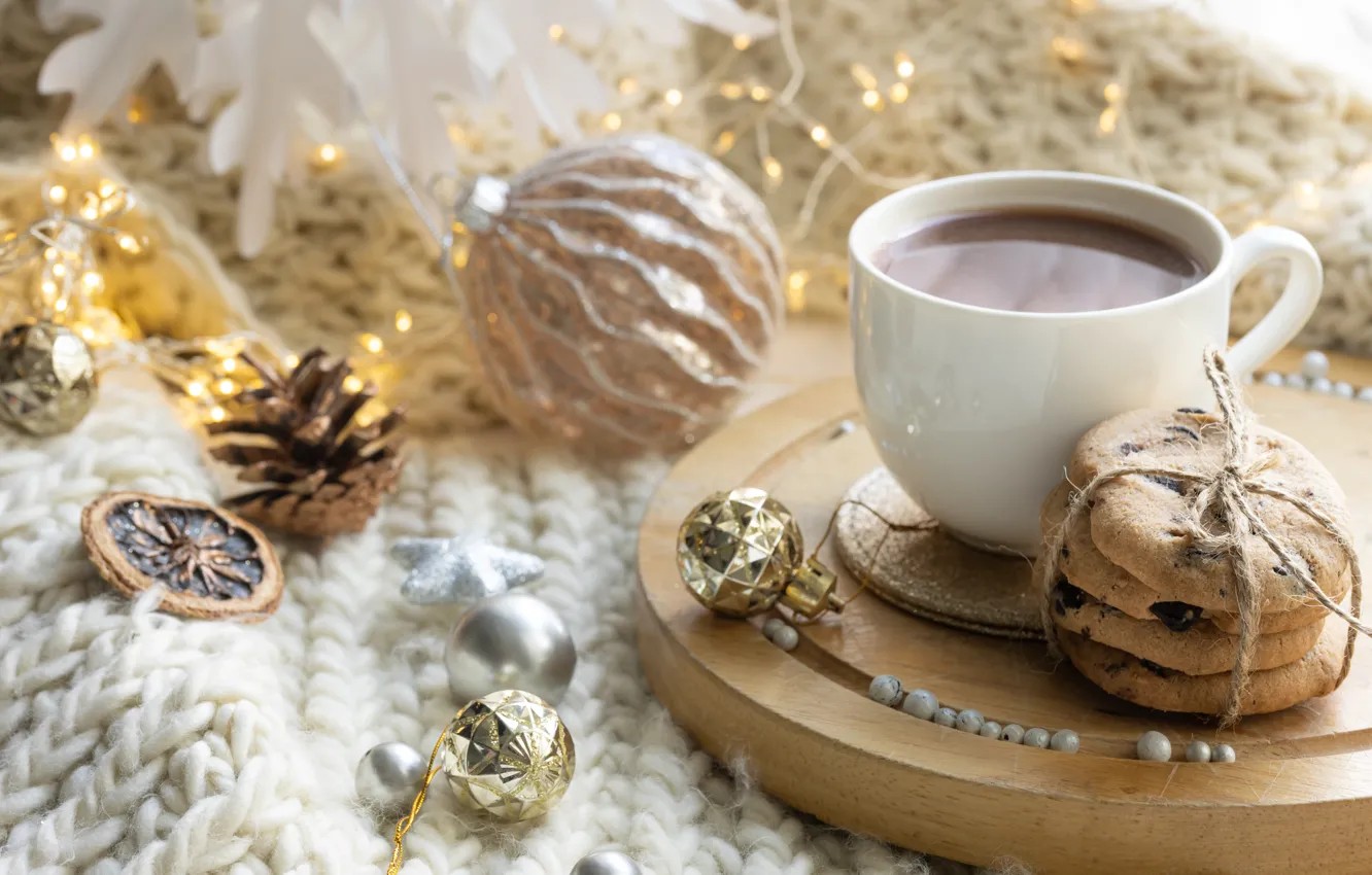 Photo wallpaper balls, light, comfort, holiday, tea, new year, cookies, Christmas
