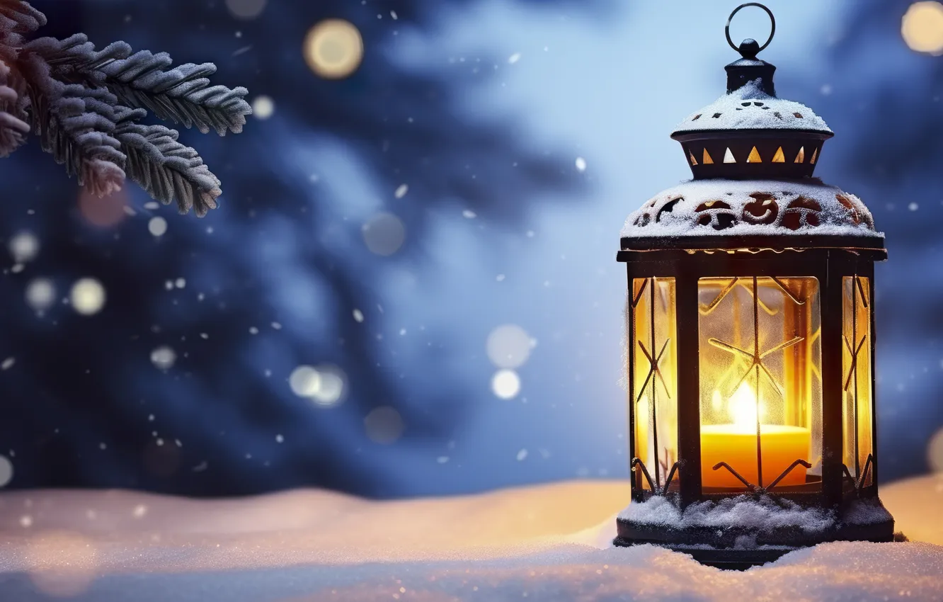 Photo wallpaper winter, snow, night, new year, Christmas, lights, Christmas, night