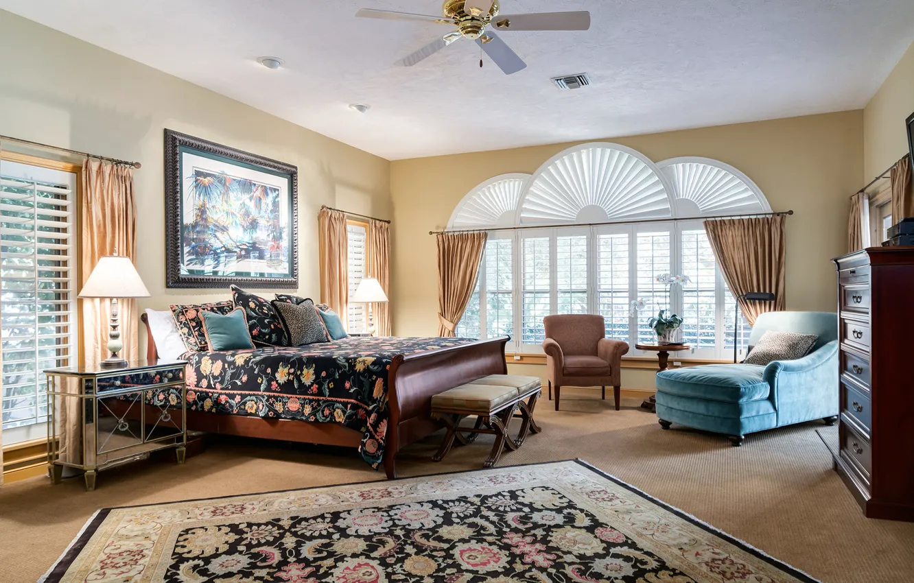 Photo wallpaper design, carpet, lamp, bed, picture, chair, pillow, window