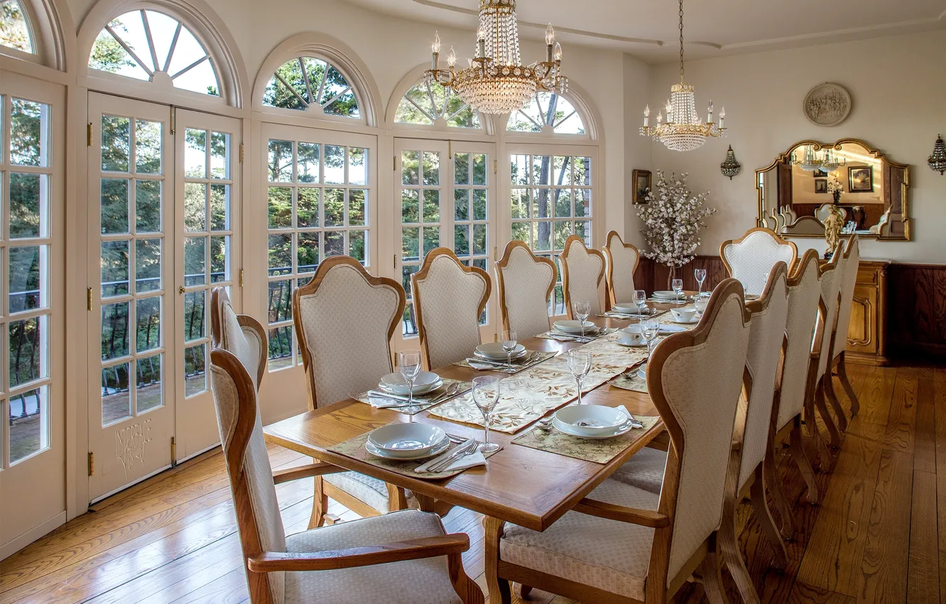 Photo wallpaper design, table, chairs, mirror, chandeliers, dining room, serving