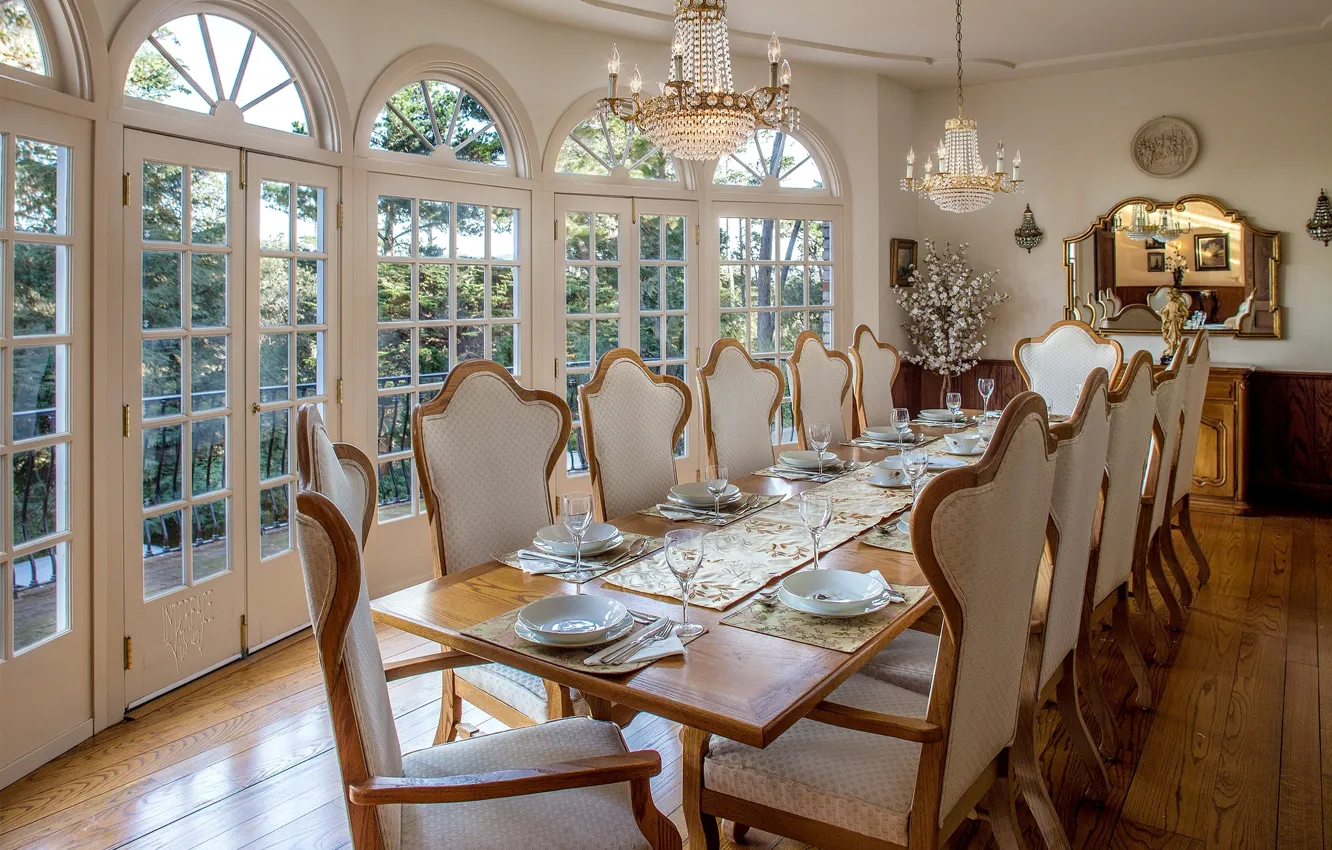 Photo wallpaper design, table, mirror, chair, chandelier, dining room, serving