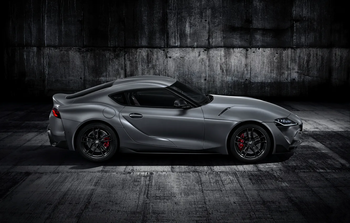 Photo wallpaper grey, background, coupe, Toyota, side view, dark, Supra, the fifth generation