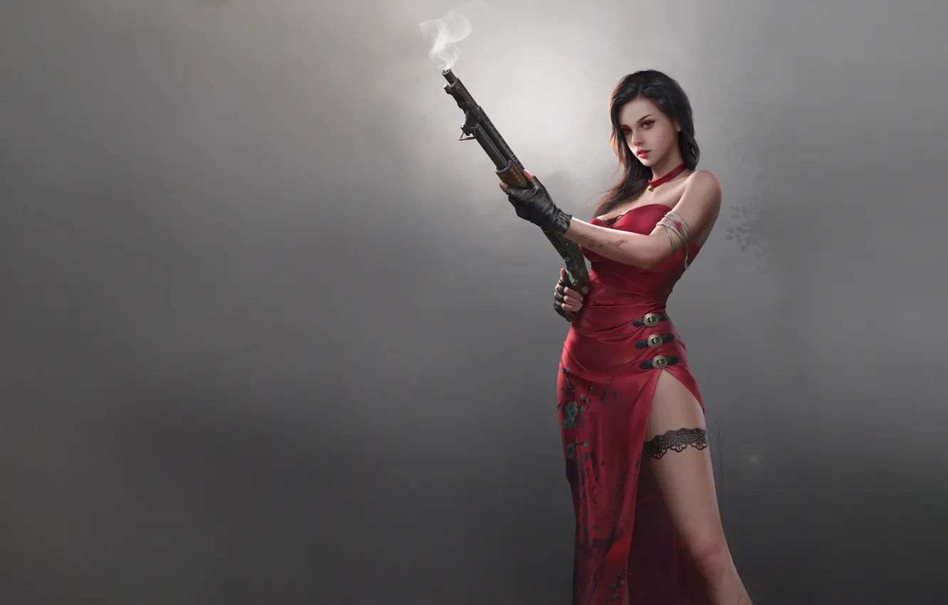 Photo wallpaper girl, red, fog, weapons, the game, dress, Asian, beauty