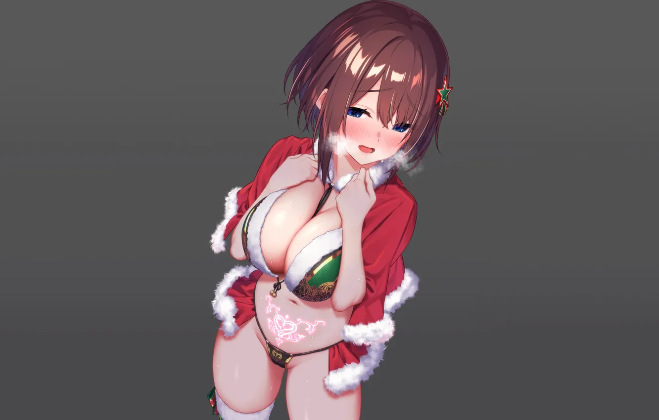 Photo wallpaper girl, sexy, Christmas, cleavage, thighhighs, brown hair, boobs, anime