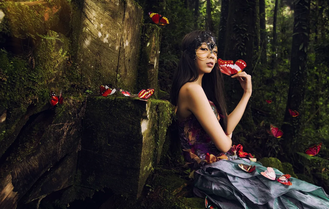 Photo wallpaper forest, butterfly, mask, Asian
