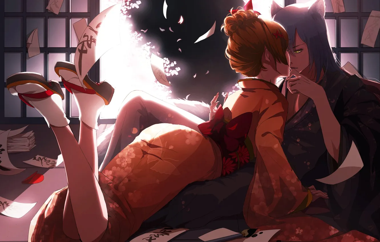 Photo wallpaper girl, trees, anime, Sakura, art, guy, kimono, two