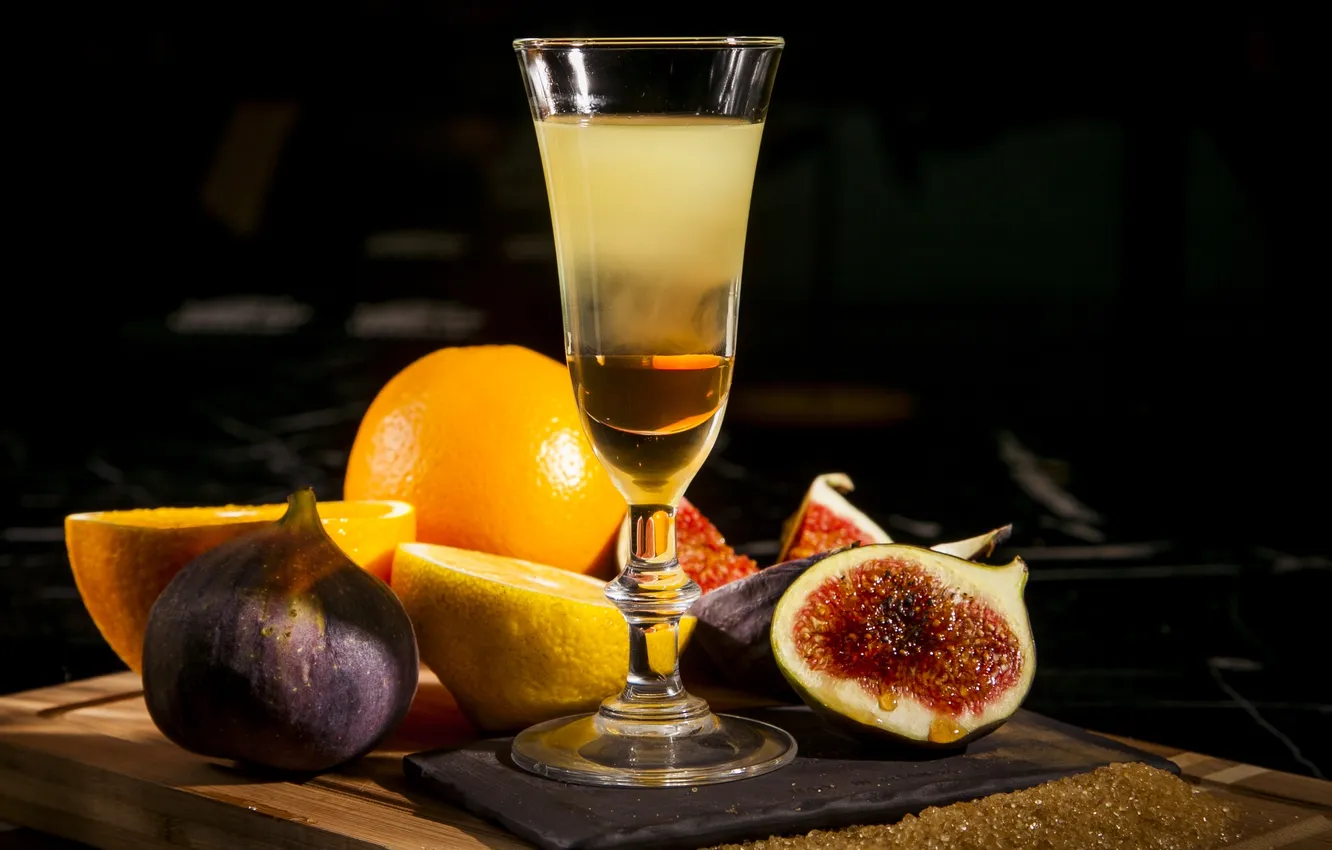 Photo wallpaper glass, orange, cocktail, figs