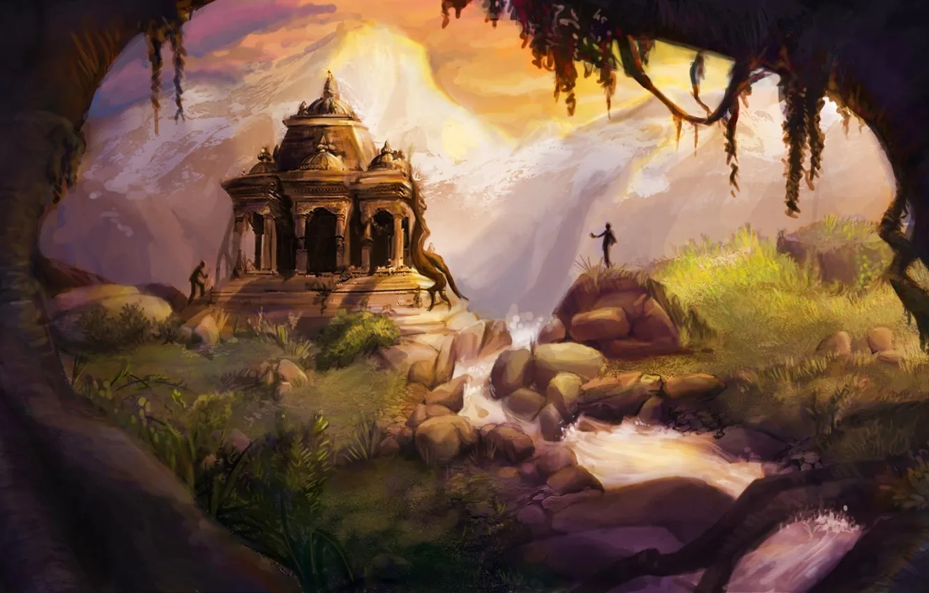 Photo wallpaper grass, snow, trees, sunset, mountains, stones, waterfall, art