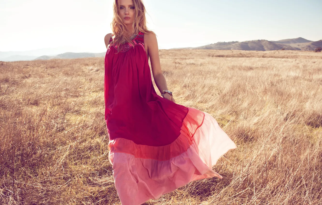 Photo wallpaper field, girl, red, model, dress, girl, model, women