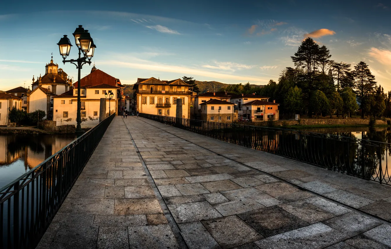 Photo wallpaper sunset, bridge, river, home, the evening, lights, Portugal, Chaves