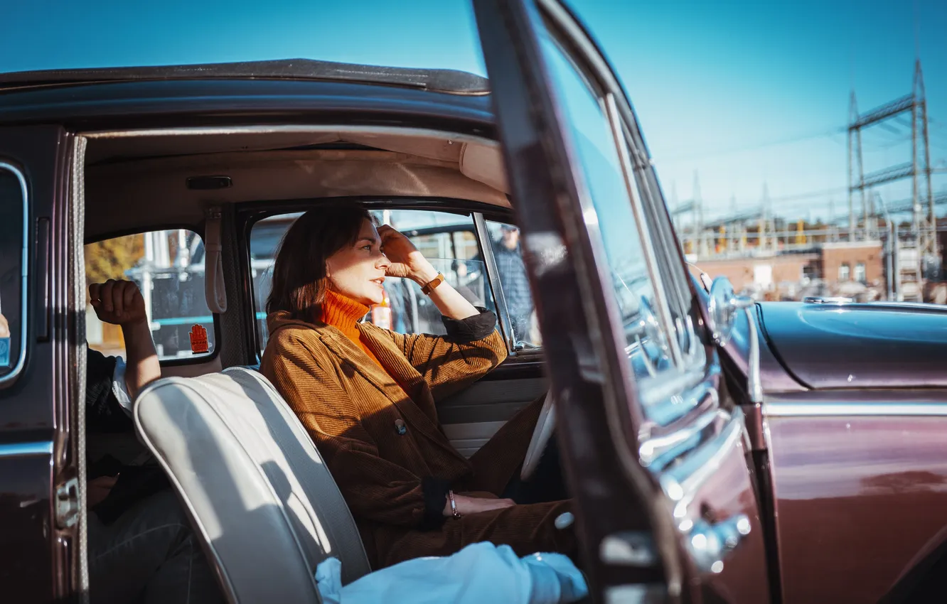 Photo wallpaper girl, panorama, car, salon