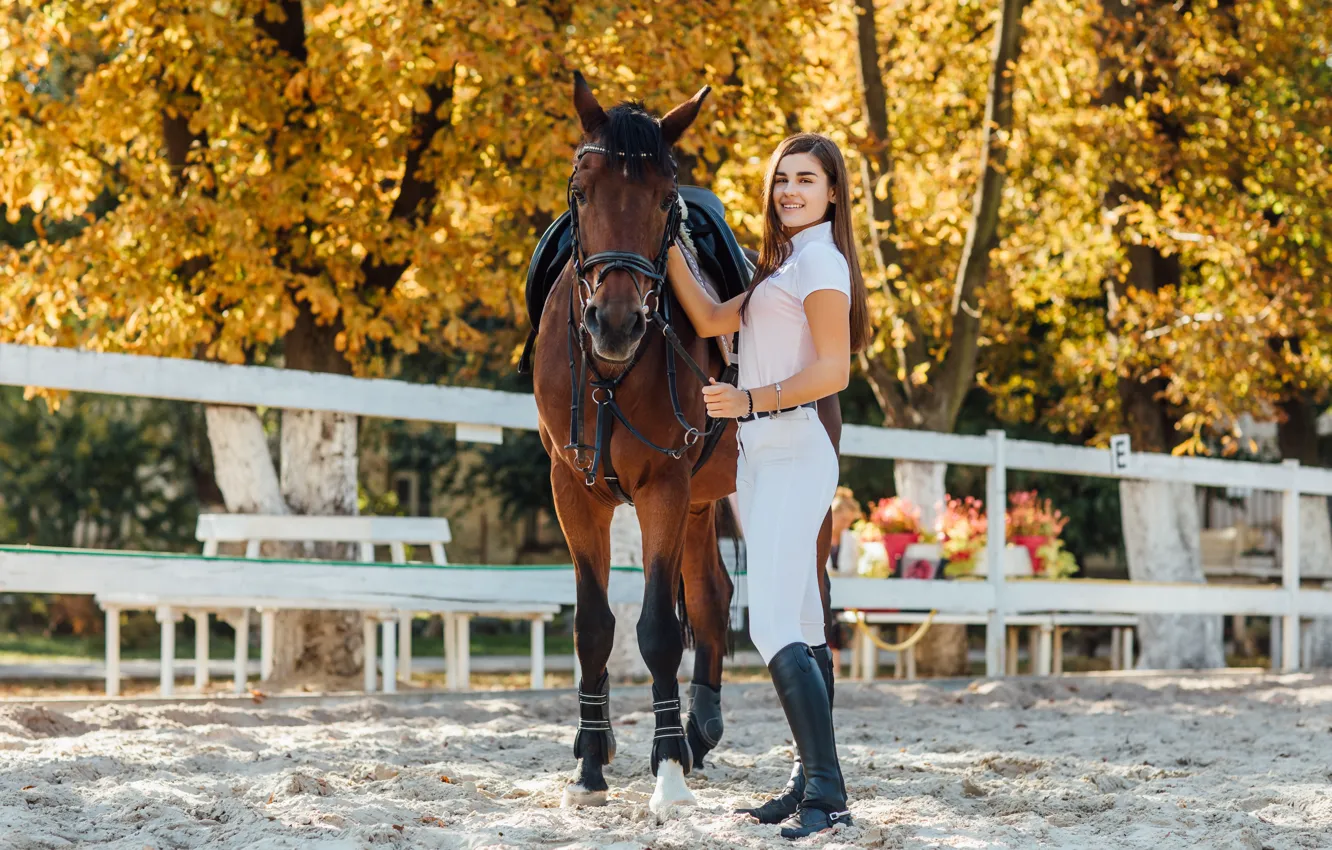 Photo wallpaper sand, look, girl, trees, nature, smile, Park, horse