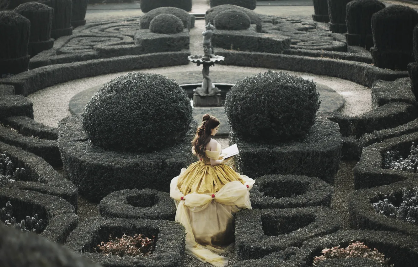 Photo wallpaper girl, garden, dress, fountain, book, brown hair, reads, Belle