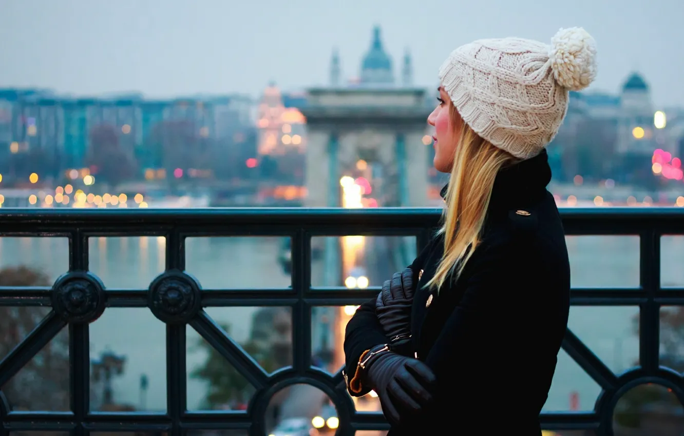Photo wallpaper look, girl, bridge, river, hat, blonde, coat